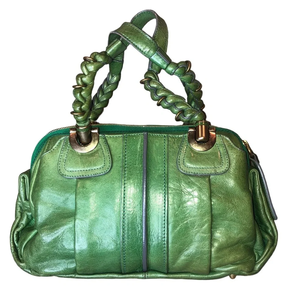 CHLOE Heloise Green Leather Braided Handle Shoulder Bag with Zip Closure RARE